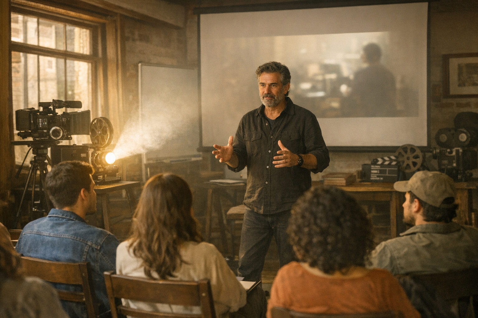 Clase magistral: director conversando con estudiantes sobre cine