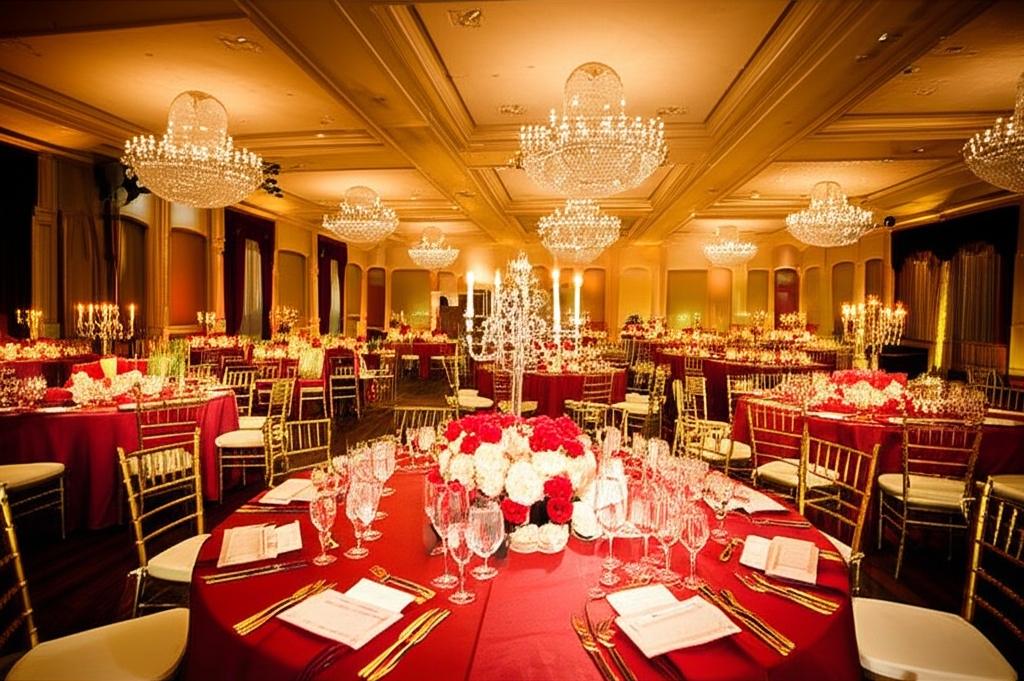 Recepción elegante de San Valentín en Bogotá con centros de mesa de rosas rojas y candelabros dorados