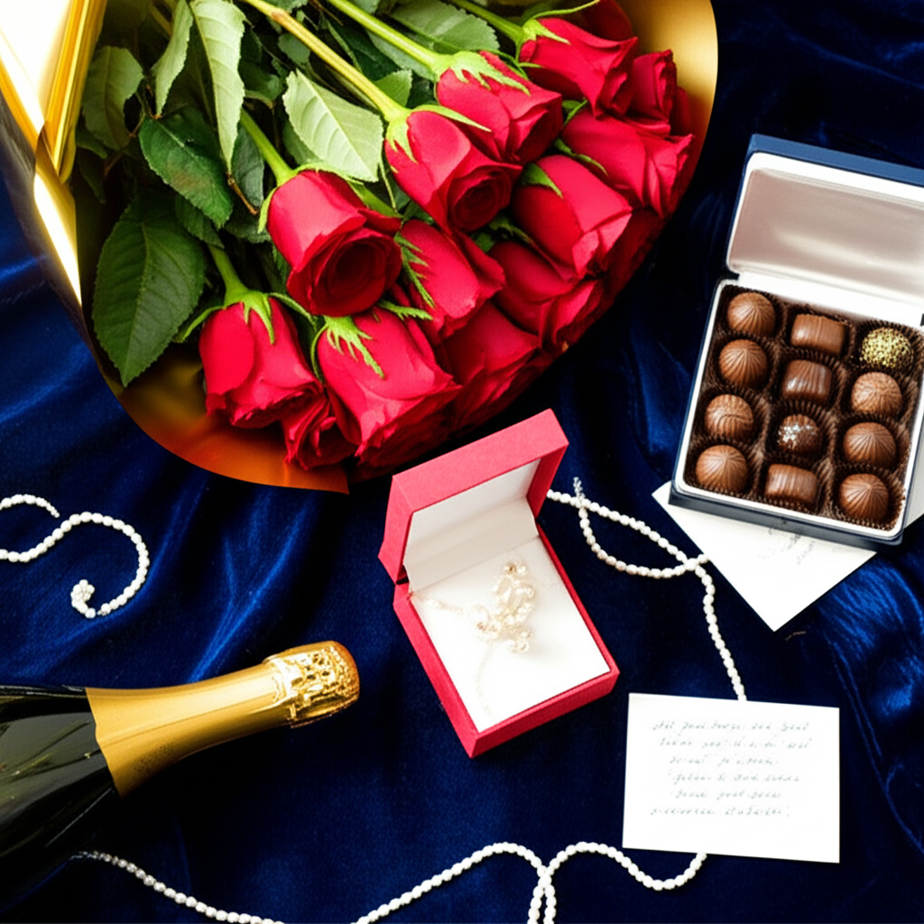 Composición editorial de regalos de San Valentín: rosas, champagne, chocolates y joyería sobre terciopelo